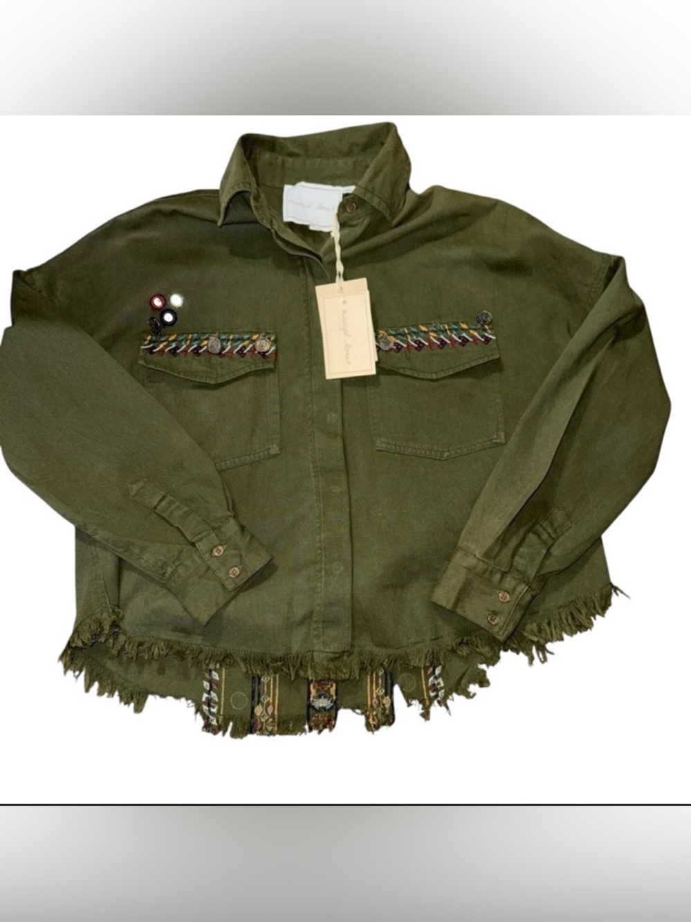 Beautiful Stories XS Women’s Olive Green Embroidered Utility Jacket Fringe Hem